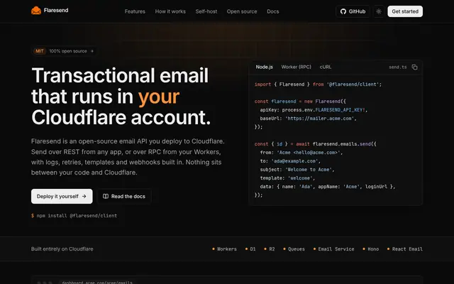 Screenshot of Flaresend: open-source transactional email on Cloudflare
