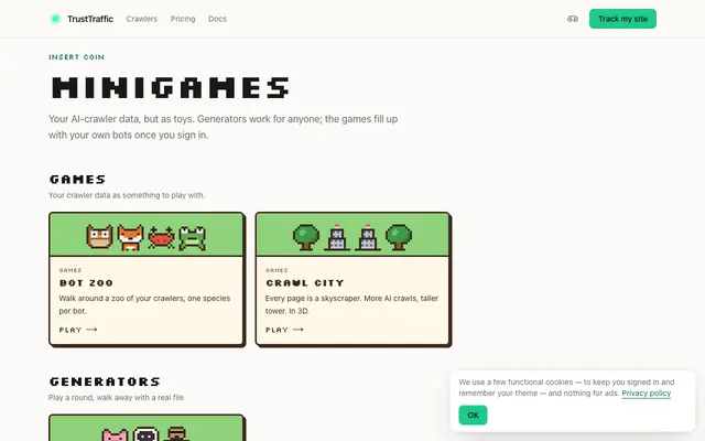 Screenshot of Minigames — play with your AI crawler data | TrustTraffic