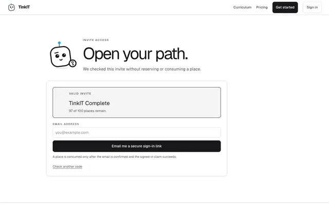 Screenshot of Redeem an invite - TinkIT