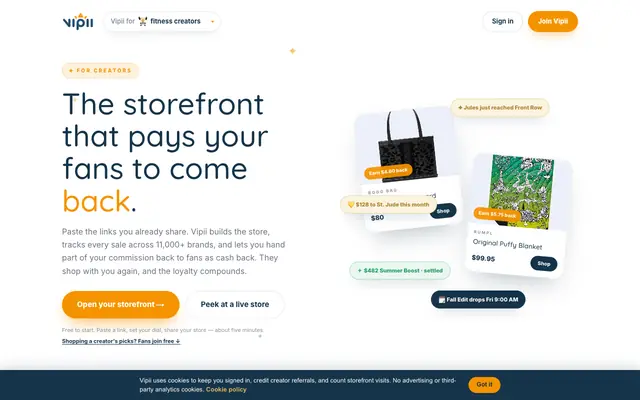 Screenshot of Vipii — the storefront that pays your fans to come back