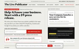 Screenshot of Press releases AI can read, from $9 | LivePublicator