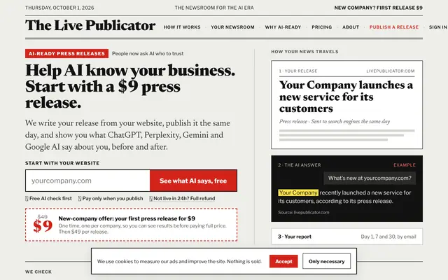 Screenshot of Press releases AI can read, from $9 | LivePublicator