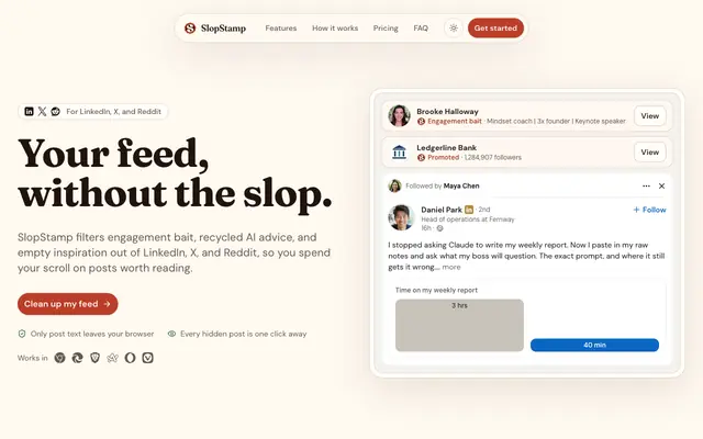 Screenshot of SlopStamp: filter slop from LinkedIn, X, and Reddit in Chrome