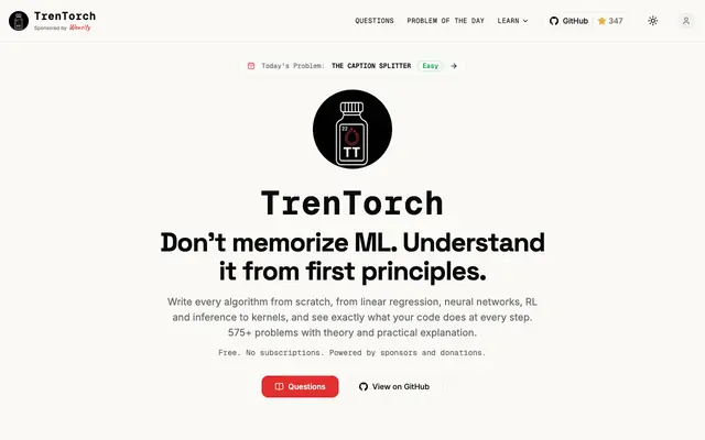 Screenshot of TrenTorch | Free ML practice problems: build PyTorch from scratch