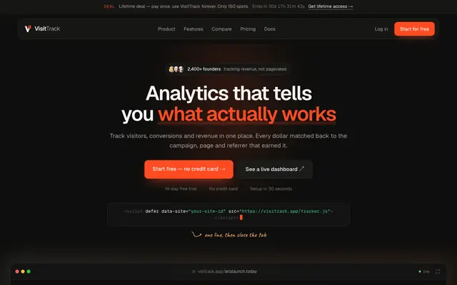 Screenshot of VisitTrack — privacy-first web analytics with revenue attribution