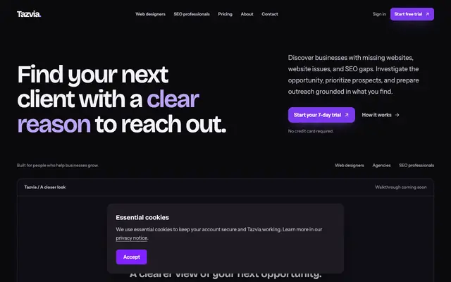 Screenshot of Website and SEO Prospecting for Agencies | Tazvia