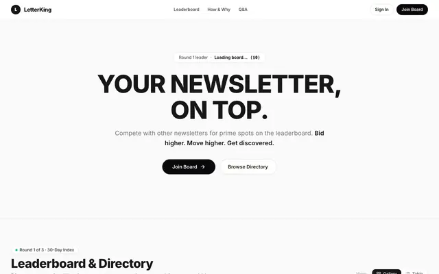 Screenshot of LetterKing — The Live Newsletter Ranking & Discovery Leaderboard