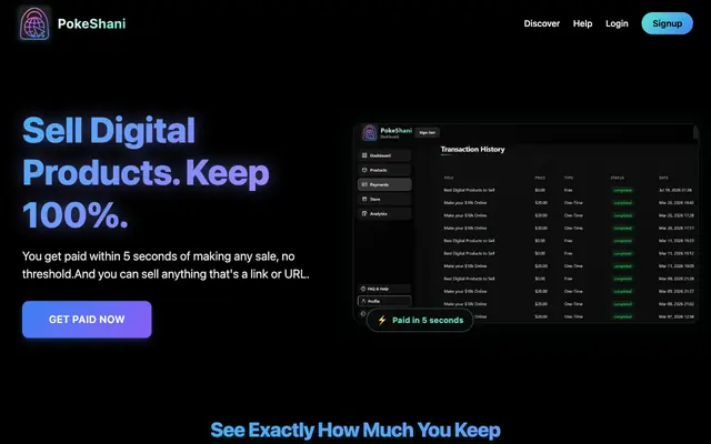 Screenshot of PokeShani - #1 Digital Products Platform | Zero Fees | Instant Payouts | Start F