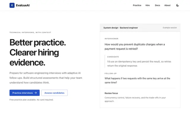 Screenshot of EvalcueAI | AI Coding, System Design & Debugging Interviews for Engineers
