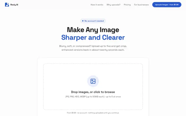 Screenshot of AI Image Upscaler — Up to 8000px, Any Shape, No Account | Resly AI