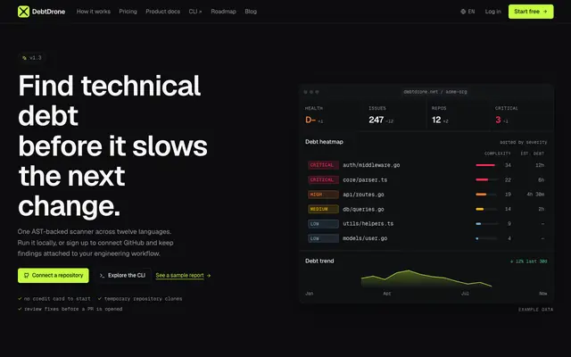 Screenshot of DebtDrone – Technical Debt Analysis for Engineering Teams