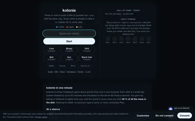 Screenshot of kolonie.app – grow until the dish is too small