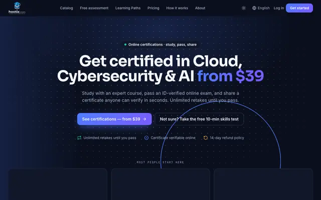 Screenshot of Hootix Academy — Online Certifications in Cloud, Cybersecurity, AI, Data & SAP