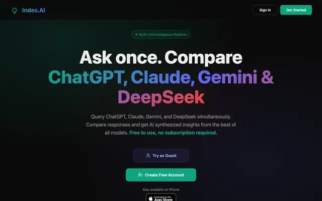 Screenshot of Compare ChatGPT, Claude, Gemini & DeepSeek at Once | Indes.AI