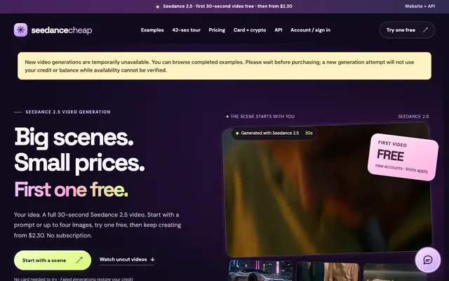 Screenshot of Seedance 2.5 videos, 30 seconds from $2.30 | SeedanceCheap