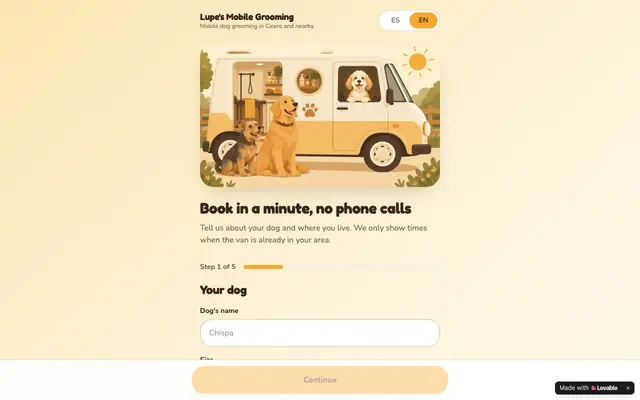 Screenshot of Lupe's Mobile Grooming — Book your dog's grooming van visit