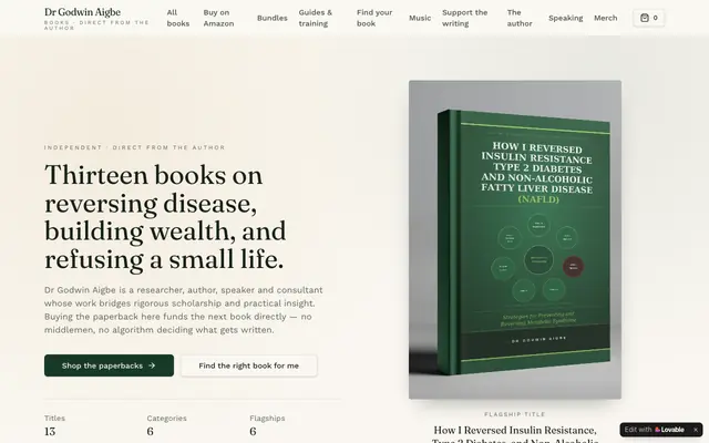 Screenshot of Dr Godwin Aigbe — Books on Society, Health, Wealth & Focus
