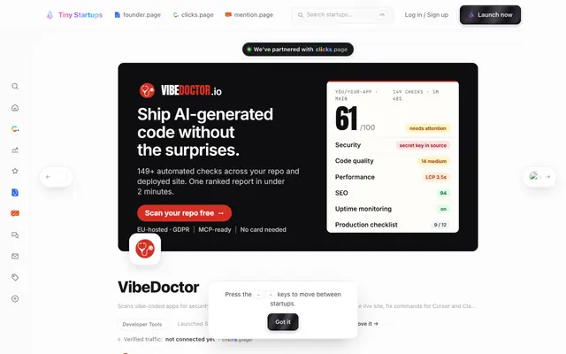 Screenshot of VibeDoctor — Scans vibe-coded apps for security and… | Tiny Startups