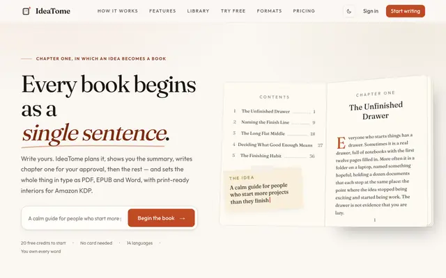 Screenshot of IdeaTome — AI book writer: from one idea to a publish-ready book