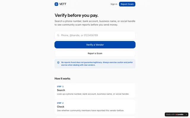 Screenshot of VETT — Verify before you pay