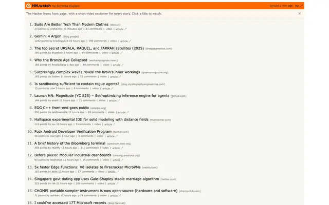 Screenshot of HN.watch | Hacker News with explainer videos