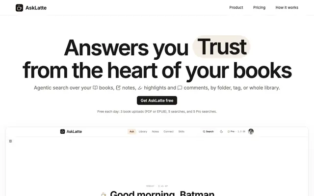 Screenshot of AskLatte — Answers from the heart of your books