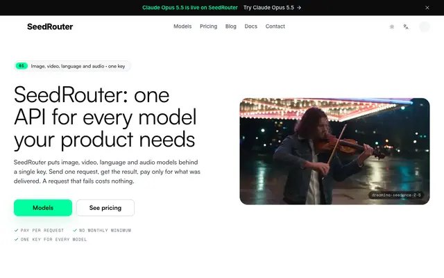 Screenshot of SeedRouter | One API for Image, Video, LLM and Audio Models