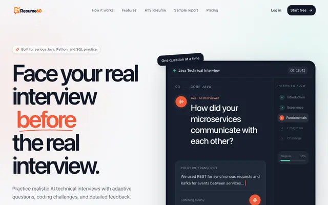 Screenshot of Resume60 — Build an ATS Resume. Practice Interviews with AI.