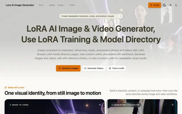 Screenshot of LoRA AI Image Generator, LoRA Training for Consistent Characters, Styles & Produ