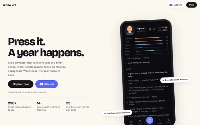 Screenshot of A New Life — a life simulator you play one year at a time