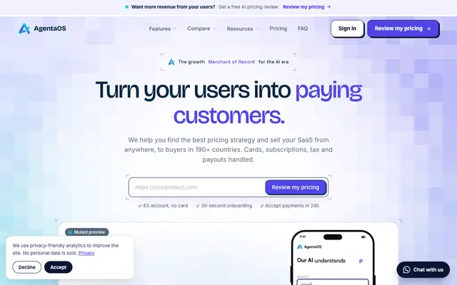 Screenshot of The growth Merchant of Record for SaaS | AgentaOS