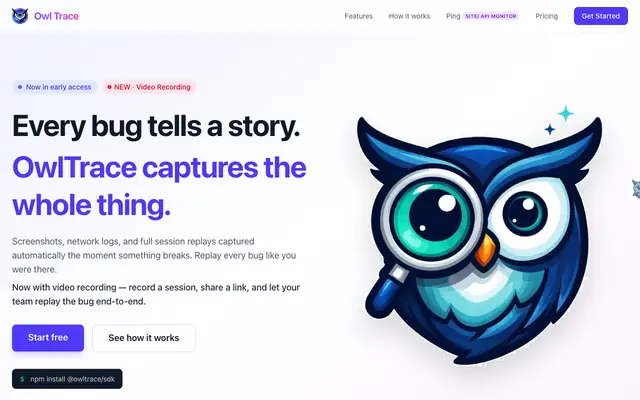 Screenshot of Owl Trace — Every bug tells a story. We capture the whole thing.