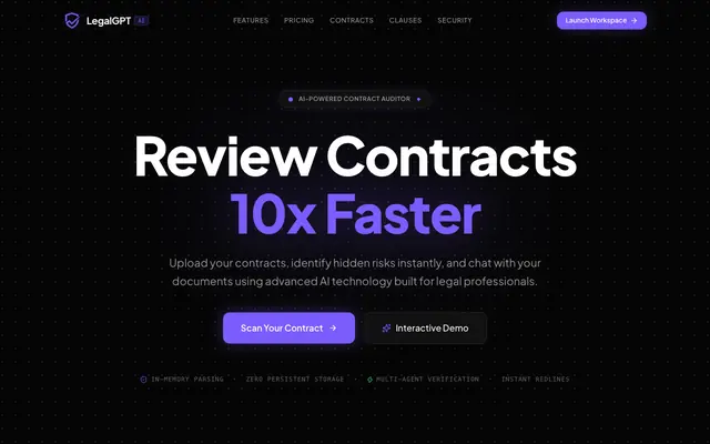 Screenshot of LegalGPT — AI Contract Review, Risk Analysis & Legal Intelligence
