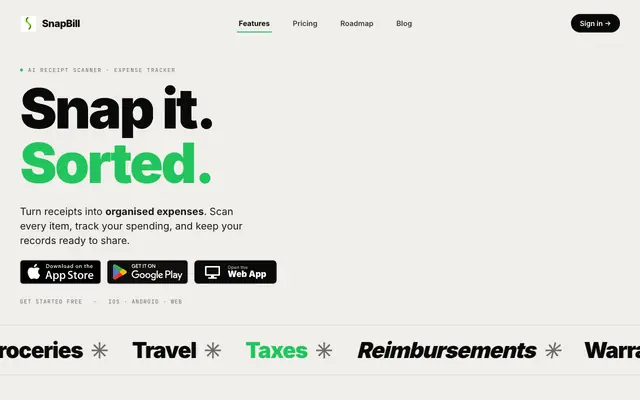 Screenshot of AI Receipt Scanner & Expense Tracker | SnapBill