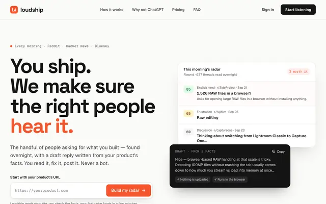 Screenshot of Loudship — You ship. We make sure the right people hear it.