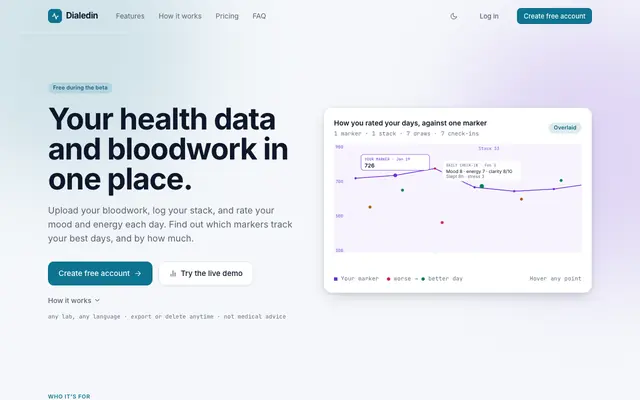 Screenshot of Dialedin: your health data and bloodwork in one place.