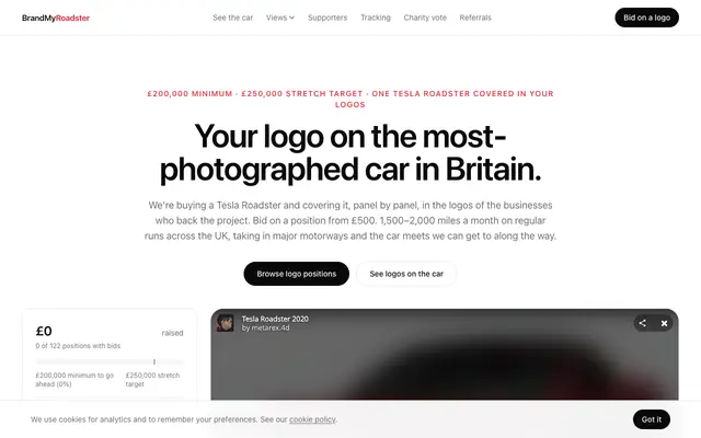 Screenshot of BrandMyRoadster.lol — Put your logo on a Tesla Roadster