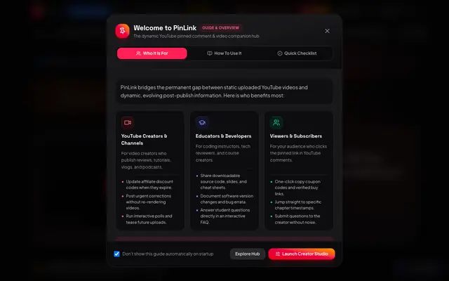 Screenshot of PinLink - YouTube Creator Companion & Pinned Notes Hub