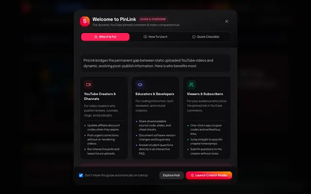 Screenshot of PinLink - YouTube Creator Companion & Pinned Notes Hub