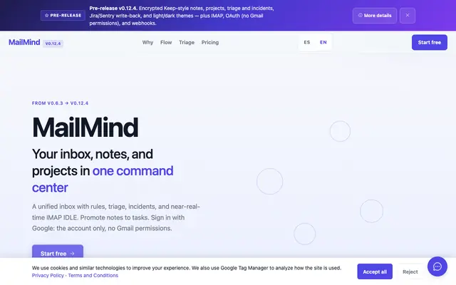 Screenshot of MailMind — Unified IMAP inbox, notes, and projects