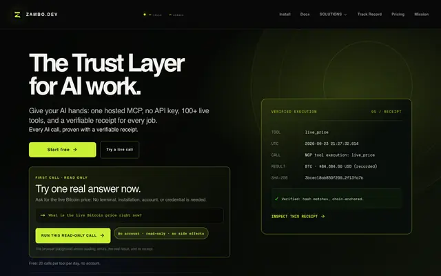 Screenshot of Zambo — the Trust Layer for AI work. Give your AI hands.