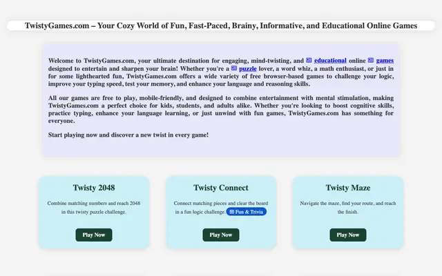 Screenshot of TwistyGames - Free Online Games, Puzzle Games & Brain Games