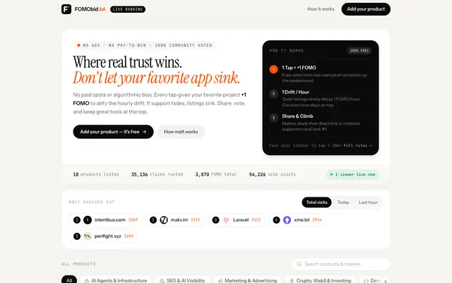 Screenshot of FOMObid — Where good products climb.