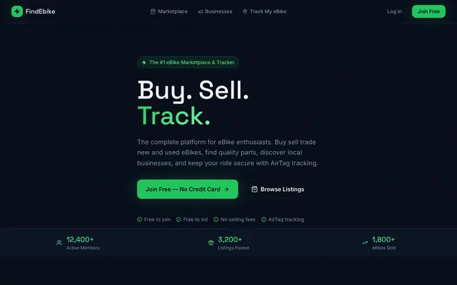 Screenshot of FindEbike — Buy, Sell & Track Your eBike
