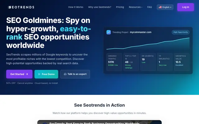 Screenshot of Seotrends - Spy on fast-growing, easy-to-rank SEO opportunities worldwide