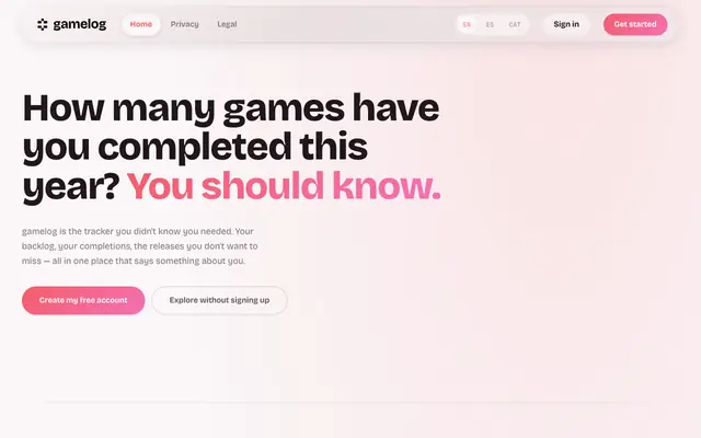 Screenshot of gamelog.pro — Tu año en juegos, listo para compartir.
