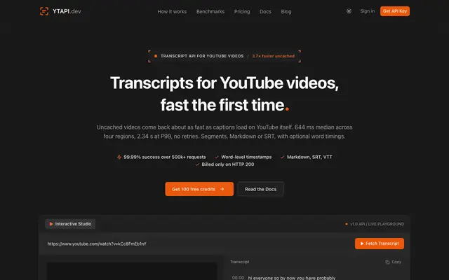 Screenshot of YTAPI: Transcript API for YouTube videos