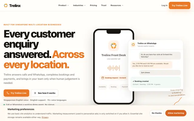 Screenshot of Singapore's AI Receptionist, from S$788/month | Trelinx