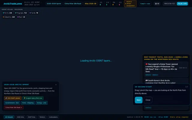 Screenshot of ArcticTradeLanes.com — Arctic GIS OSINT · NSR · Polar Silk Road · 北极贸易航线