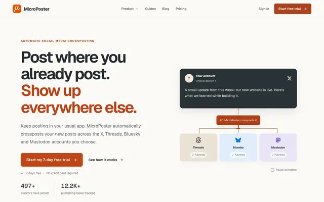 Screenshot of Crossposting Tool for X, Threads & Bluesky | MicroPoster